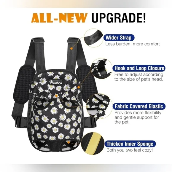 Pawaboo NWT Black Floral Daisy Print Pet Carrier Backpack Size Large (9-13lbs) - Picture 7 of 10